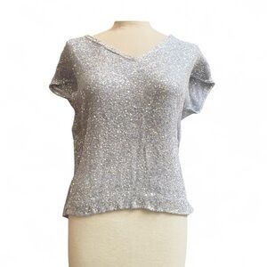 Amina Rubinacci Silver Sequin Knit Top – Italian Designer Glam V-Neck Sparkle